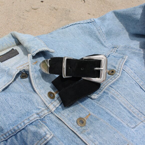 80s Vintage TABI Black Genuine Leather + Suede Silver Western Buckle Belt 32-36" - Picture 3 of 6